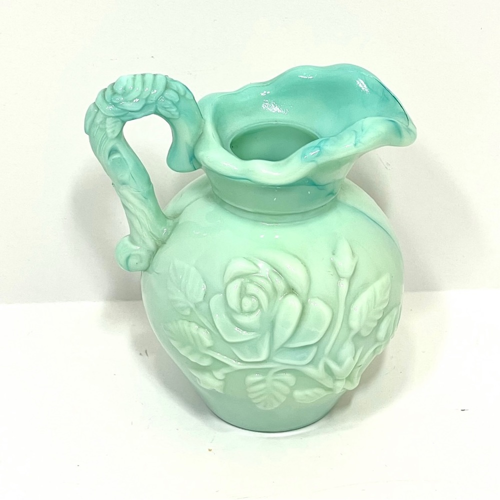 Vintage Avon Wash Basin Mint Green Blue Glass Roses Small Jug Floral 4. In